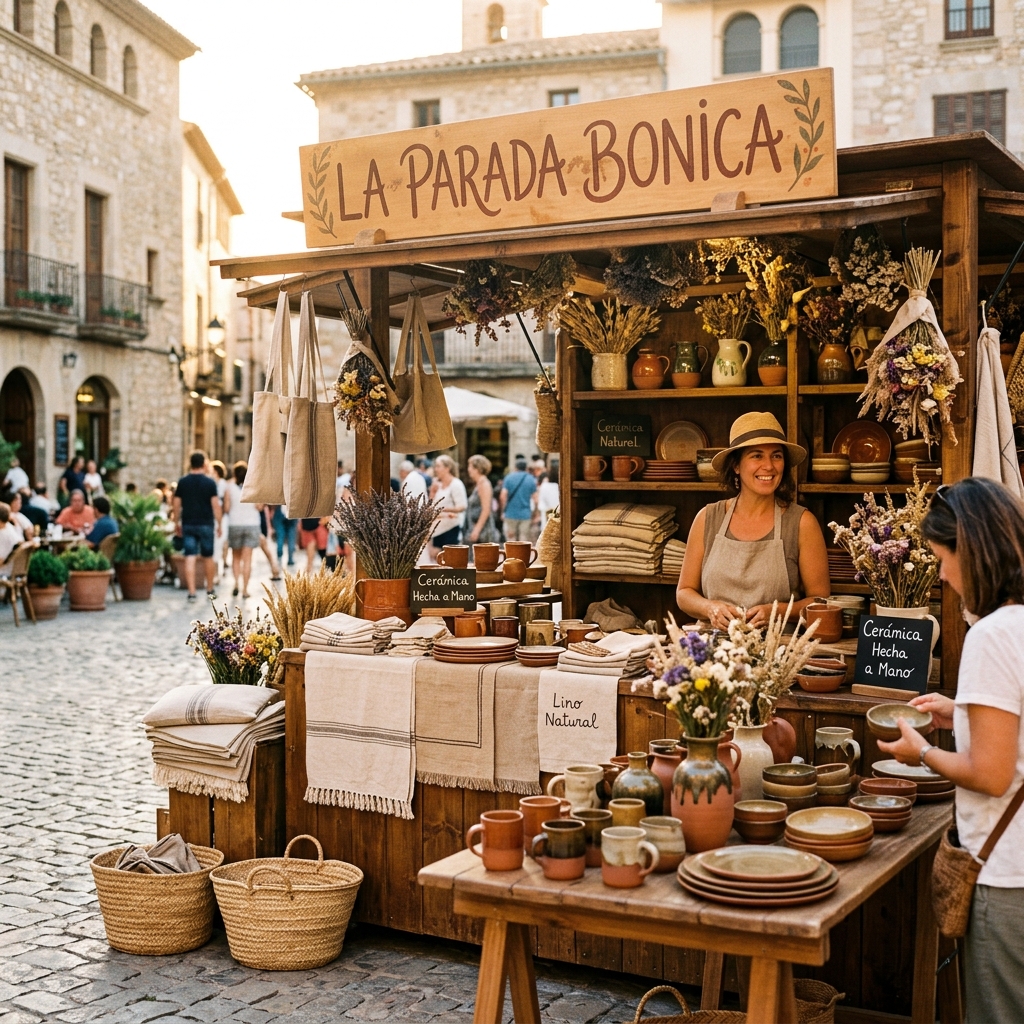Parada de mercadillo La Parada Bonica con artesanías en sol